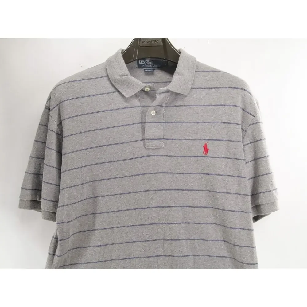 VTG Polo by Ralph Lauren Men's L Grey Striped Short Sleeve Polo Shirt Red Pony